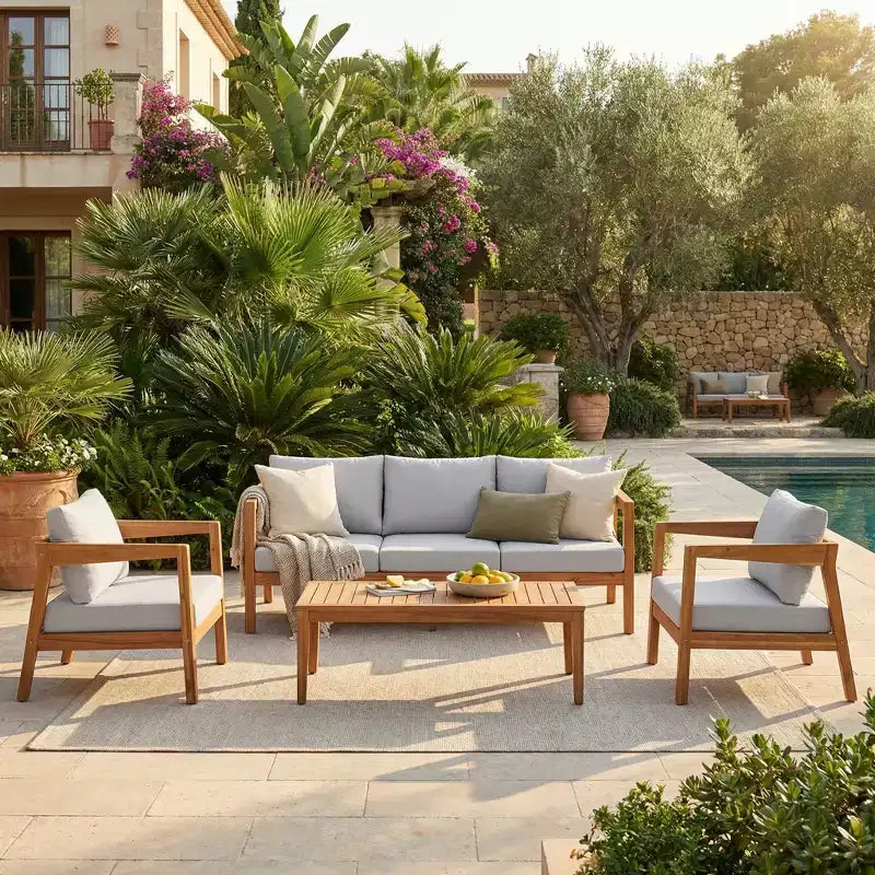 Christopher Knight Home Phachara – Ensemble de sièges de patio moderne 4 pièces en bois d'acacia avec coussins et table à lattes