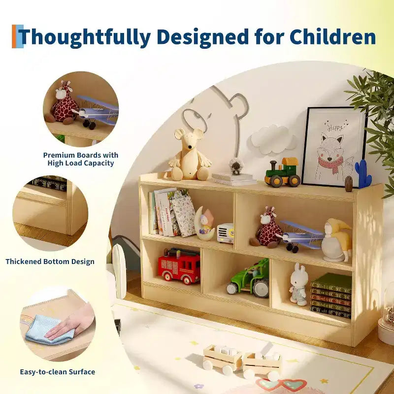 Organizador de almacenamiento de juguetes de madera, organizador de almacenamiento de 5 secciones para aula escolar para organizar libros y juguetes, estantería simple para sala de juegos