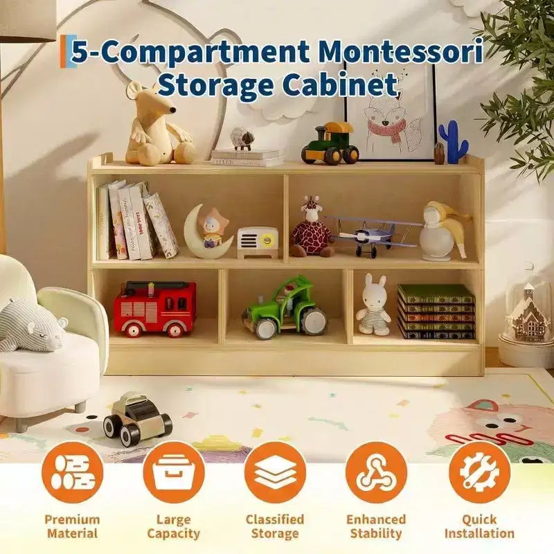 Organizador de almacenamiento de juguetes de madera, organizador de almacenamiento de 5 secciones para aula escolar para organizar libros y juguetes, estantería simple para sala de juegos