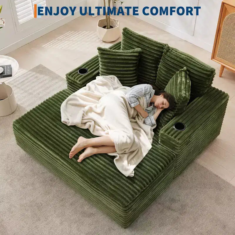 Oversized Chaise Lounge Chair Indoor, Corduroy Lounge Sofa, Cup Holders & Throw Pillows, for Home, Bedroom, Office