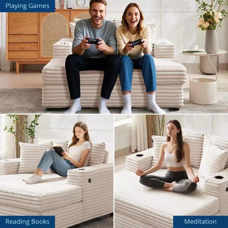 Oversized Chaise Lounge Chair Indoor, Corduroy Lounge Sofa, Cup Holders & Throw Pillows, for Home, Bedroom, Office