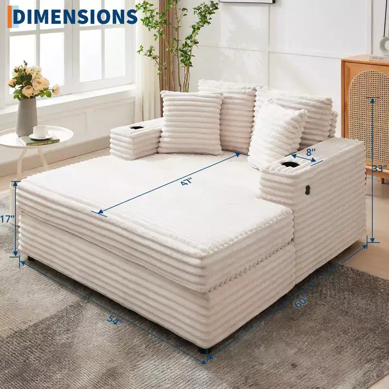 Oversized Chaise Lounge Chair Indoor, Corduroy Lounge Sofa, Cup Holders & Throw Pillows, for Home, Bedroom, Office