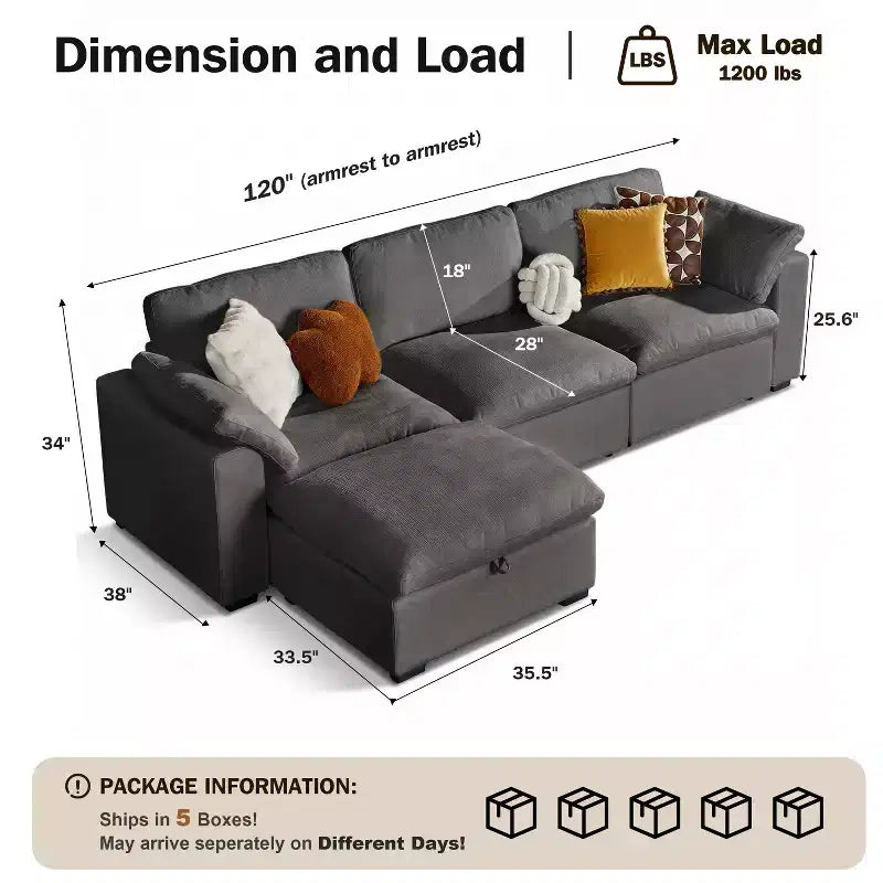 Sofá seccional modular de nube extragrande, asiento profundo relleno de plumón, estructura de madera maciza, montaje sin herramientas