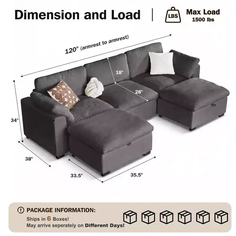 Sofá seccional modular de nube extragrande, asiento profundo relleno de plumón, estructura de madera maciza, montaje sin herramientas