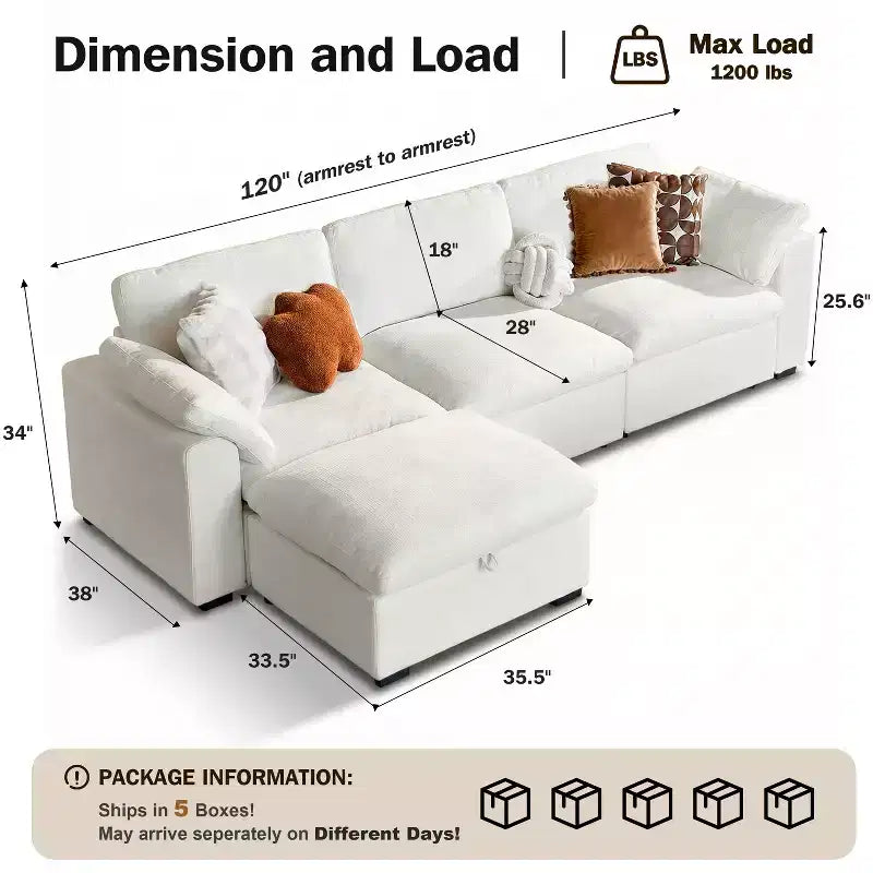 Sofá seccional modular de nube extragrande, asiento profundo relleno de plumón, estructura de madera maciza, montaje sin herramientas
