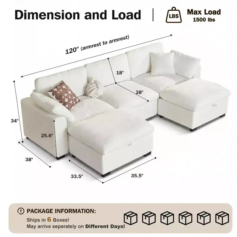 Sofá seccional modular de nube extragrande, asiento profundo relleno de plumón, estructura de madera maciza, montaje sin herramientas