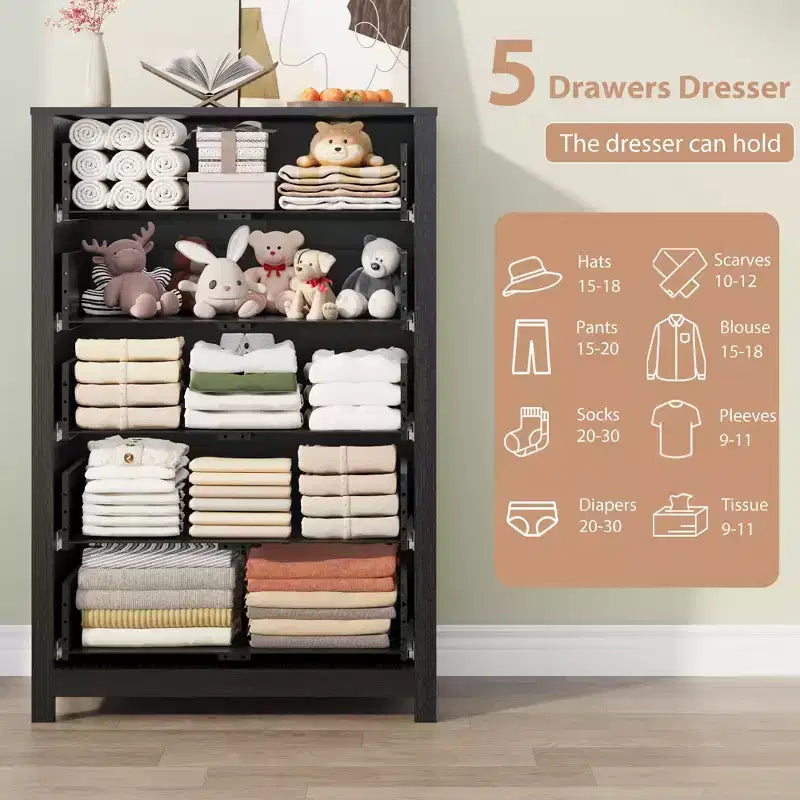 Cómoda de Almacenamiento de Madera de 5 Cajones para Dormitorio, Cómoda Moderna y Sencilla con Cajones Profundos para Sala de Estar, Pasillo, Entrada