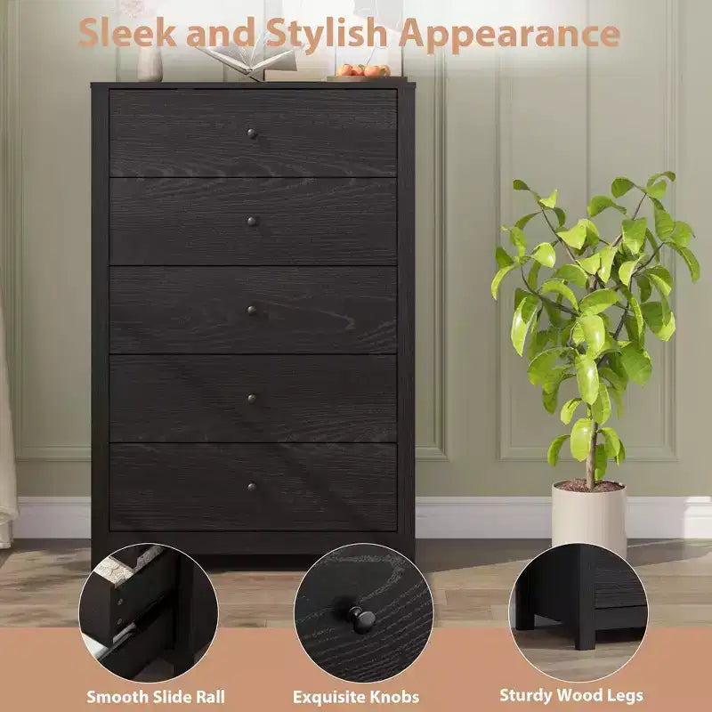 Cómoda de Almacenamiento de Madera de 5 Cajones para Dormitorio, Cómoda Moderna y Sencilla con Cajones Profundos para Sala de Estar, Pasillo, Entrada
