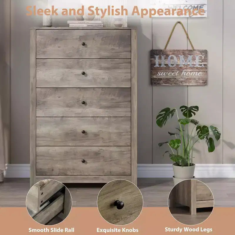 Cómoda de Almacenamiento de Madera de 5 Cajones para Dormitorio, Cómoda Moderna y Sencilla con Cajones Profundos para Sala de Estar, Pasillo, Entrada