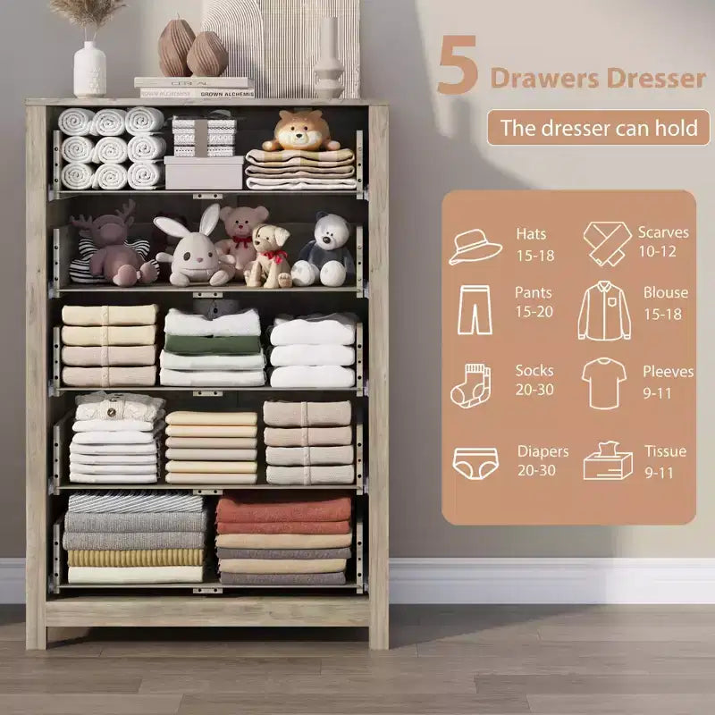 Cómoda de Almacenamiento de Madera de 5 Cajones para Dormitorio, Cómoda Moderna y Sencilla con Cajones Profundos para Sala de Estar, Pasillo, Entrada