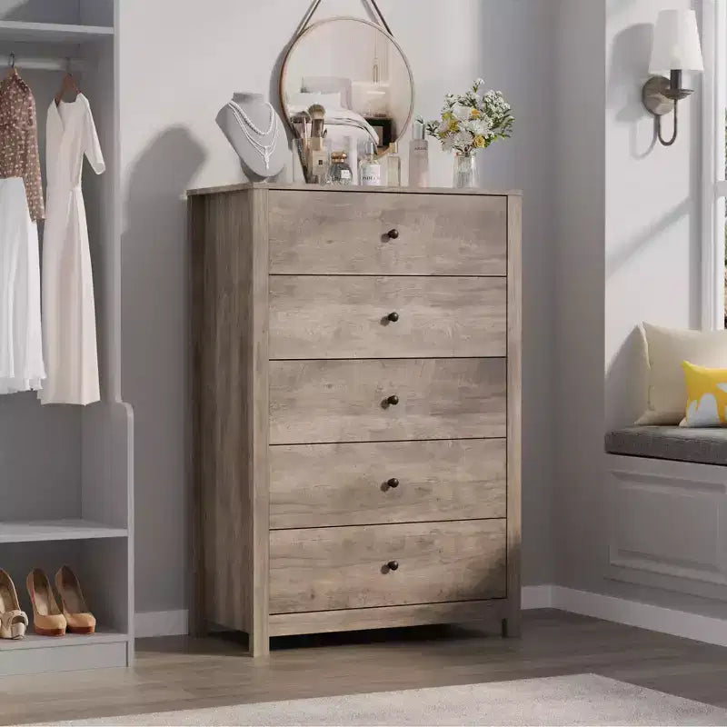 Cómoda de Almacenamiento de Madera de 5 Cajones para Dormitorio, Cómoda Moderna y Sencilla con Cajones Profundos para Sala de Estar, Pasillo, Entrada