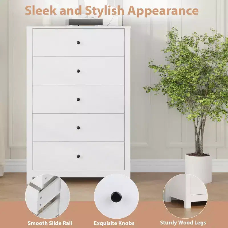 Cómoda de Almacenamiento de Madera de 5 Cajones para Dormitorio, Cómoda Moderna y Sencilla con Cajones Profundos para Sala de Estar, Pasillo, Entrada