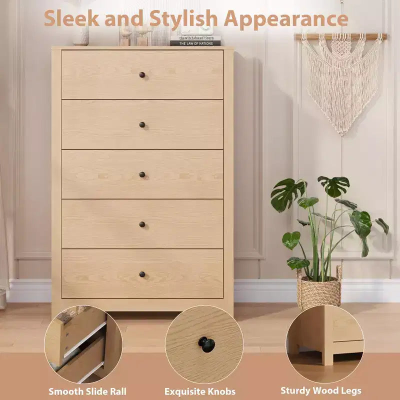 Cómoda de Almacenamiento de Madera de 5 Cajones para Dormitorio, Cómoda Moderna y Sencilla con Cajones Profundos para Sala de Estar, Pasillo, Entrada