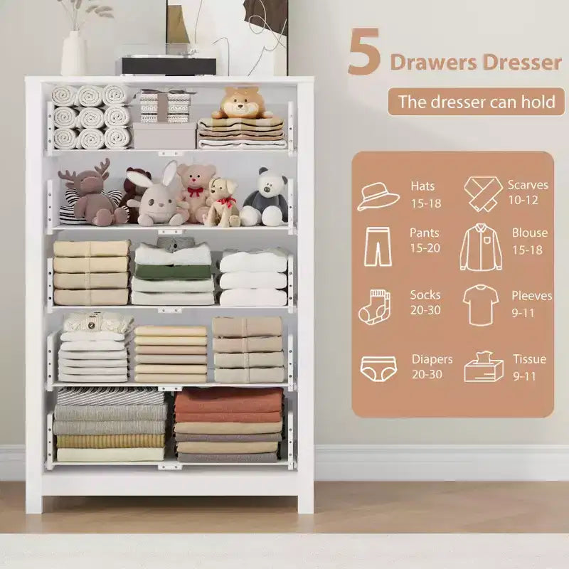 Cómoda de Almacenamiento de Madera de 5 Cajones para Dormitorio, Cómoda Moderna y Sencilla con Cajones Profundos para Sala de Estar, Pasillo, Entrada