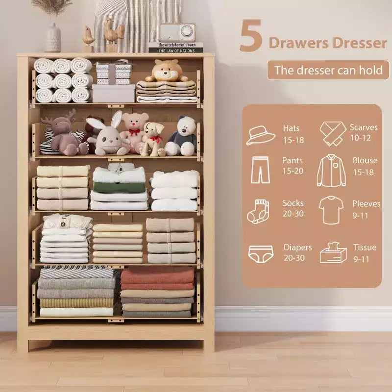 Cómoda de Almacenamiento de Madera de 5 Cajones para Dormitorio, Cómoda Moderna y Sencilla con Cajones Profundos para Sala de Estar, Pasillo, Entrada
