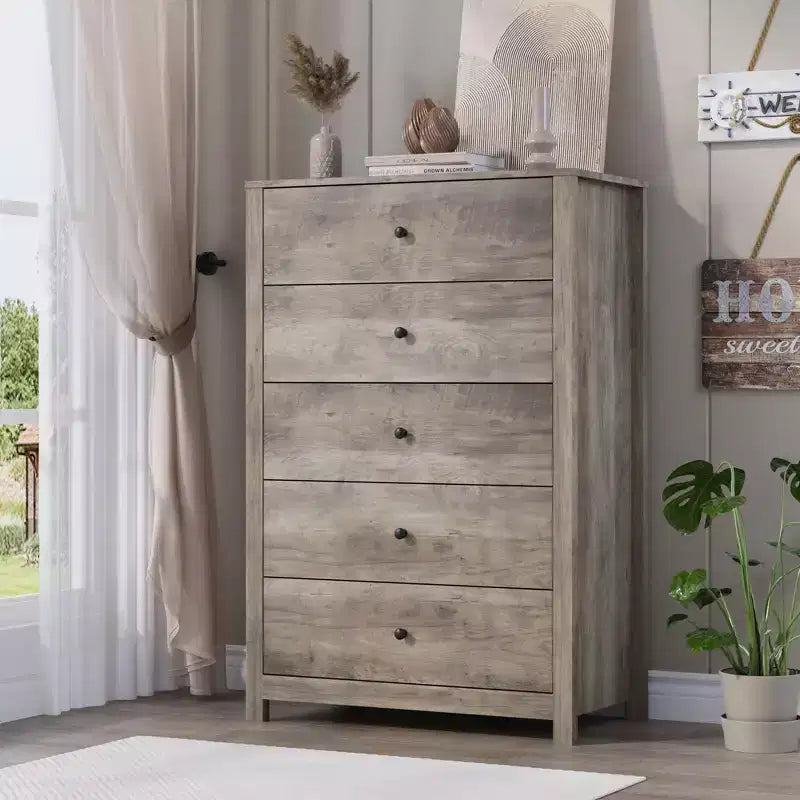 Cómoda de Almacenamiento de Madera de 5 Cajones para Dormitorio, Cómoda Moderna y Sencilla con Cajones Profundos para Sala de Estar, Pasillo, Entrada