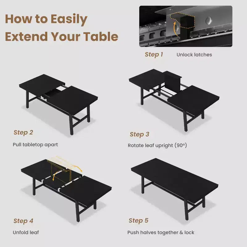 Mesa de comedor extensible de 63-83", mesa de comedor rectangular industrial para 6-8 personas, mesa de cocina extensible con estructura de metal de alta resistencia