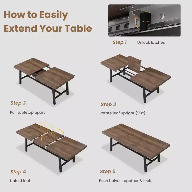 Mesa de comedor extensible de 63-83", mesa de comedor rectangular industrial para 6-8 personas, mesa de cocina extensible con estructura de metal de alta resistencia