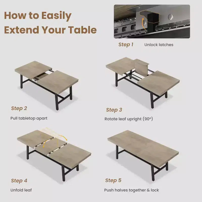 Mesa de comedor extensible de 63-83", mesa de comedor rectangular industrial para 6-8 personas, mesa de cocina extensible con estructura de metal de alta resistencia