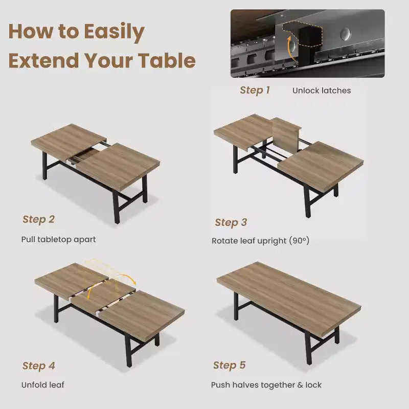 Mesa de comedor extensible de 63-83", mesa de comedor rectangular industrial para 6-8 personas, mesa de cocina extensible con estructura de metal de alta resistencia