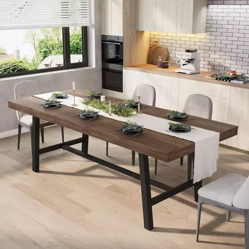 Mesa de comedor extensible de 63-83", mesa de comedor rectangular industrial para 6-8 personas, mesa de cocina extensible con estructura de metal de alta resistencia
