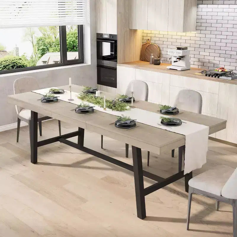 Mesa de comedor extensible de 63-83", mesa de comedor rectangular industrial para 6-8 personas, mesa de cocina extensible con estructura de metal de alta resistencia