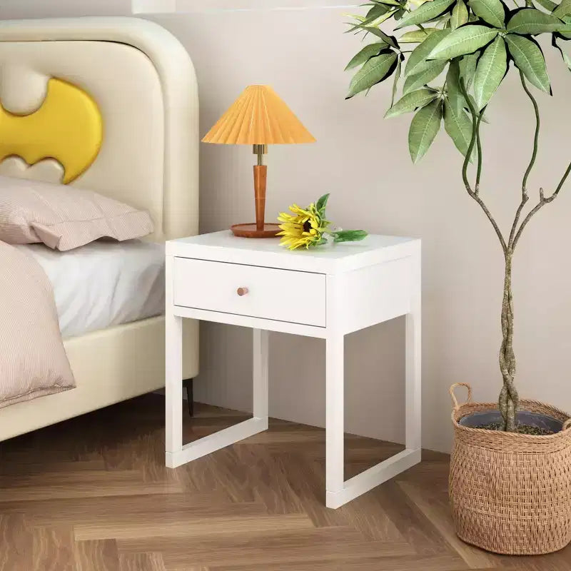 Mesita de Noche Minimalista con Cajón, Perfil Redondo/Cilíndrico, Blanca