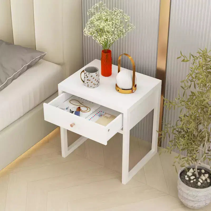 Mesita de Noche Minimalista con Cajón, Perfil Redondo/Cilíndrico, Blanca