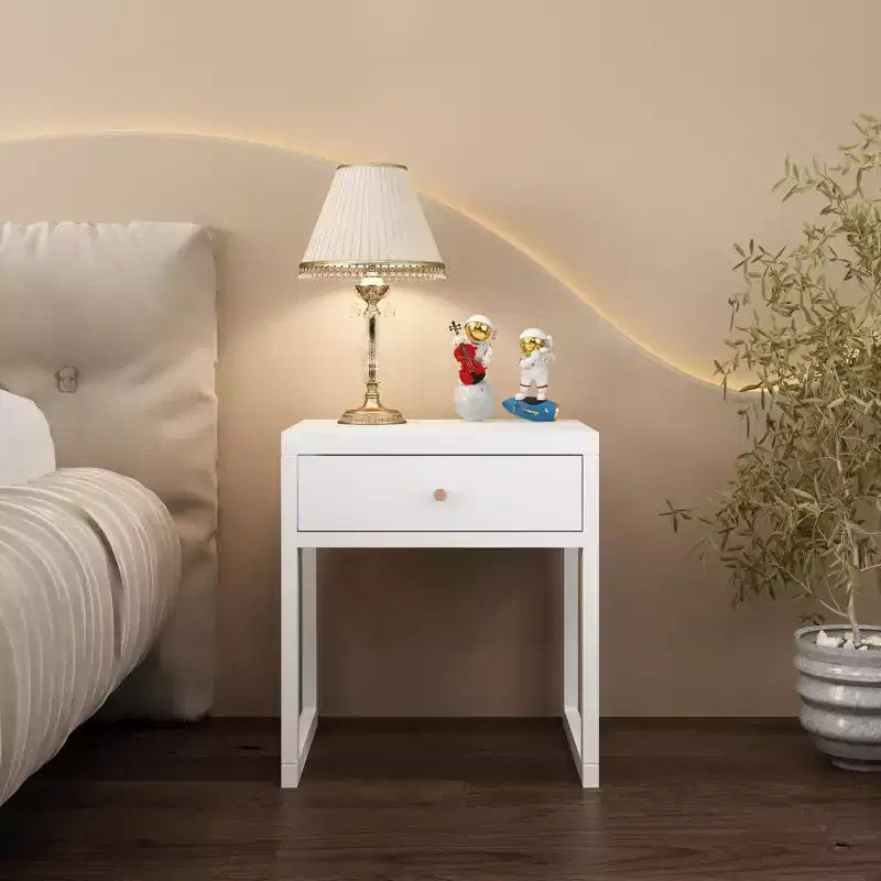 Mesita de Noche Minimalista con Cajón, Perfil Redondo/Cilíndrico, Blanca