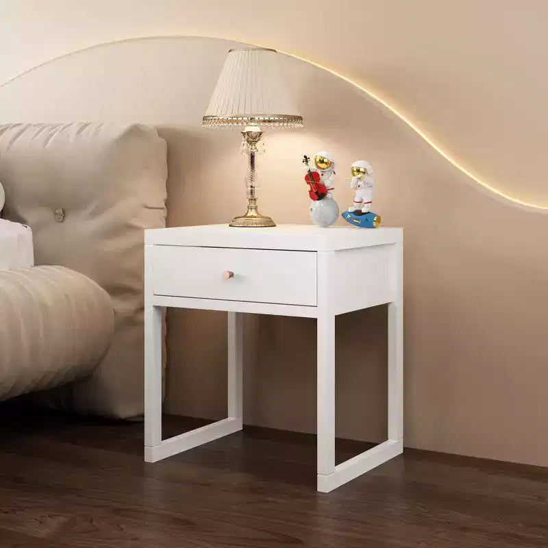 Mesita de Noche Minimalista con Cajón, Perfil Redondo/Cilíndrico, Blanca