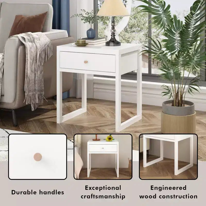 Mesita de Noche Minimalista con Cajón, Perfil Redondo/Cilíndrico, Blanca