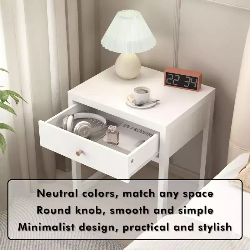 Mesita de Noche Minimalista con Cajón, Perfil Redondo/Cilíndrico, Blanca