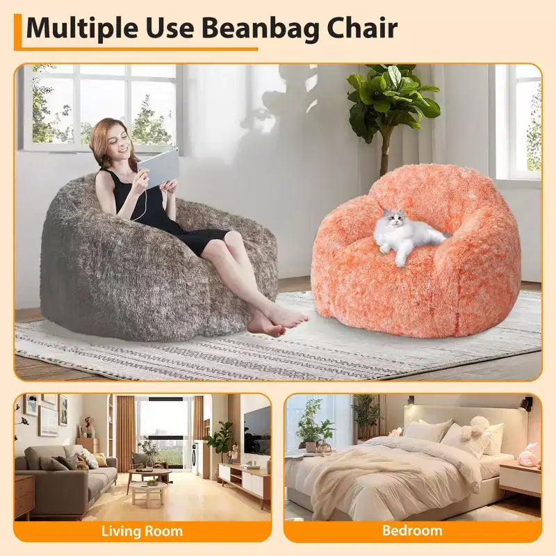 Soft faux fur beanbag with armrests  Lounge chair with foam filling, comfortable for bedroom, living room, reading & gaming  Orange