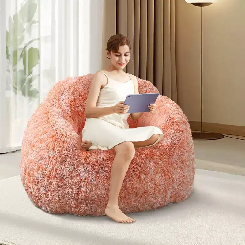Soft faux fur beanbag with armrests  Lounge chair with foam filling, comfortable for bedroom, living room, reading & gaming  Orange