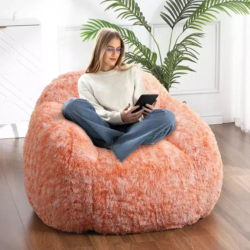 Soft faux fur beanbag with armrests  Lounge chair with foam filling, comfortable for bedroom, living room, reading & gaming  Orange