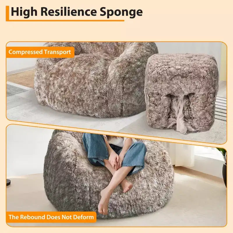 Soft faux fur beanbag with armrests  Lounge chair with foam filling, comfortable for bedroom, living room, reading & gaming