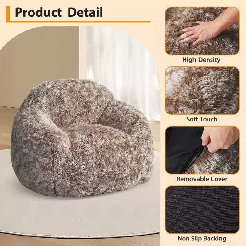 Soft faux fur beanbag with armrests  Lounge chair with foam filling, comfortable for bedroom, living room, reading & gaming