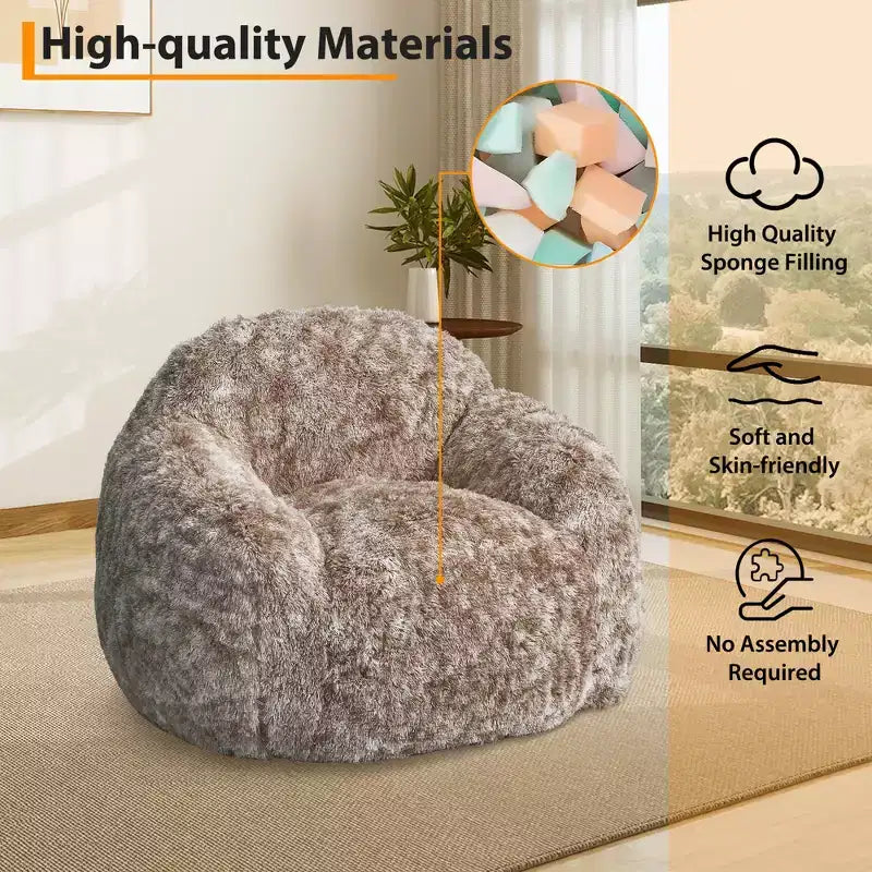 Soft faux fur beanbag with armrests  Lounge chair with foam filling, comfortable for bedroom, living room, reading & gaming
