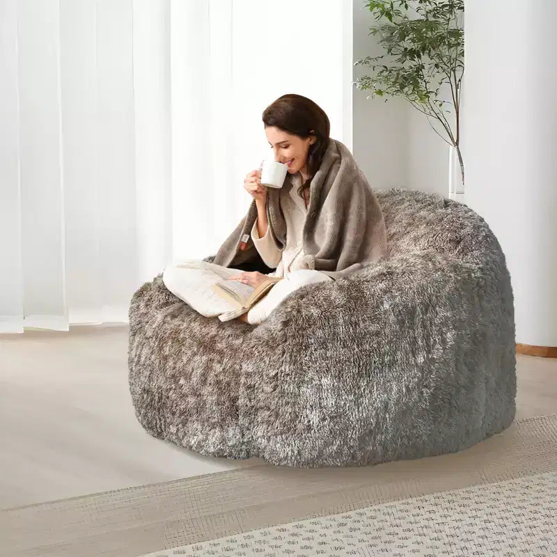 Soft faux fur beanbag with armrests  Lounge chair with foam filling, comfortable for bedroom, living room, reading & gaming
