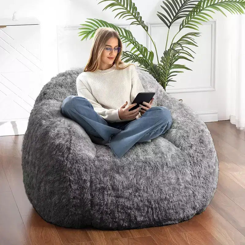 Soft faux fur beanbag with armrests  Lounge chair with foam filling, comfortable for bedroom, living room, reading & gaming
