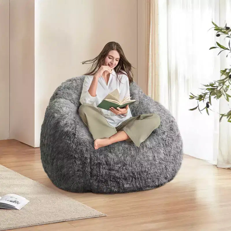 Soft faux fur beanbag with armrests  Lounge chair with foam filling, comfortable for bedroom, living room, reading & gaming