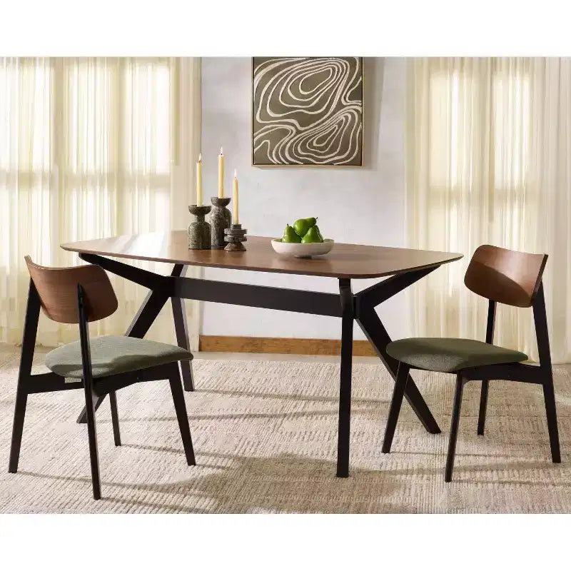 Juego de 2 sillas de comedor de madera, de caucho con asiento tapizado, acabado nogal