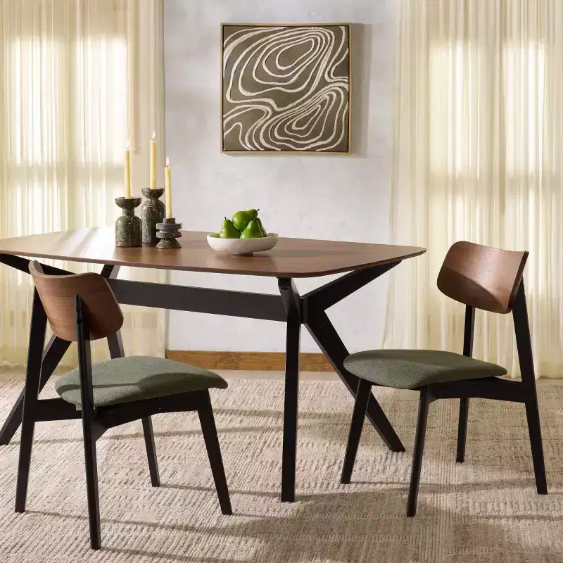Juego de 2 sillas de comedor de madera, de caucho con asiento tapizado, acabado nogal