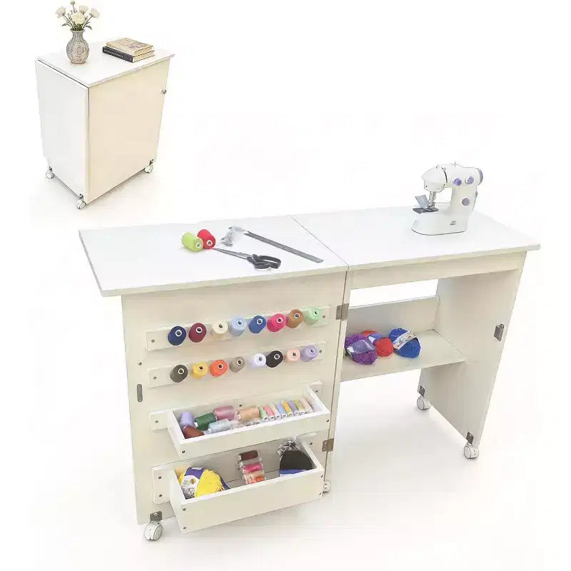 Mesa de Costura Plegable, Mesa Multiusos para Máquina de Coser con Diseño Compacto, Ruedas, Estantes, Bandejas de Almacenamiento, Clavijas de Madera y Puertas Magnéticas