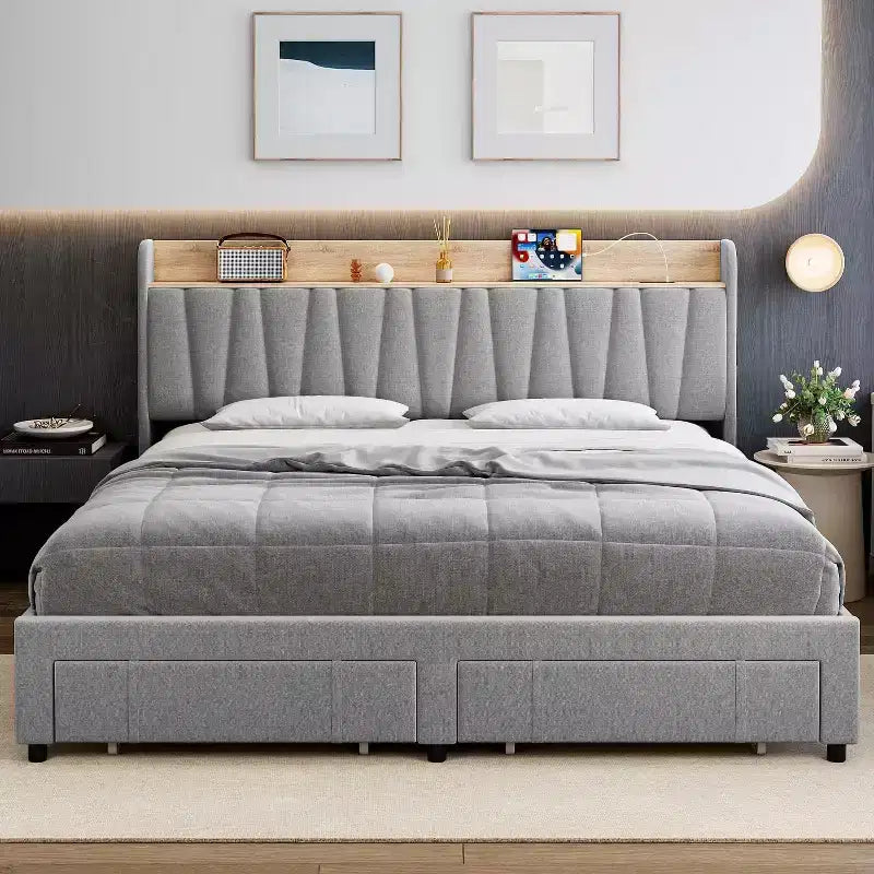 Base de cama tapizada tamaño King, cama tipo plataforma con cabecero con almacenamiento, cajones de almacenamiento, resistente, no requiere somier, fácil de montar, gris
