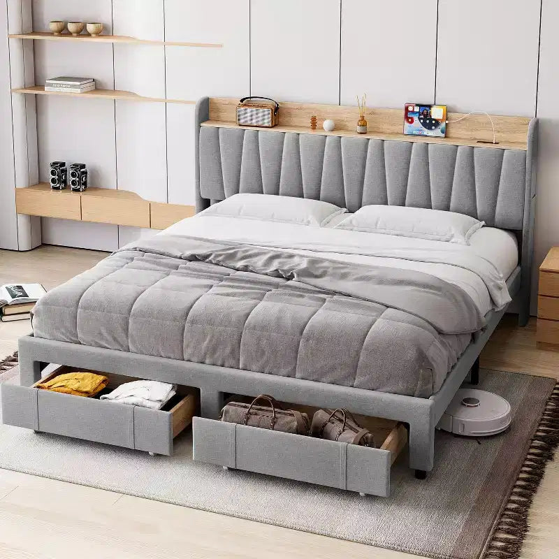 Base de cama tapizada tamaño King, cama tipo plataforma con cabecero con almacenamiento, cajones de almacenamiento, resistente, no requiere somier, fácil de montar, gris