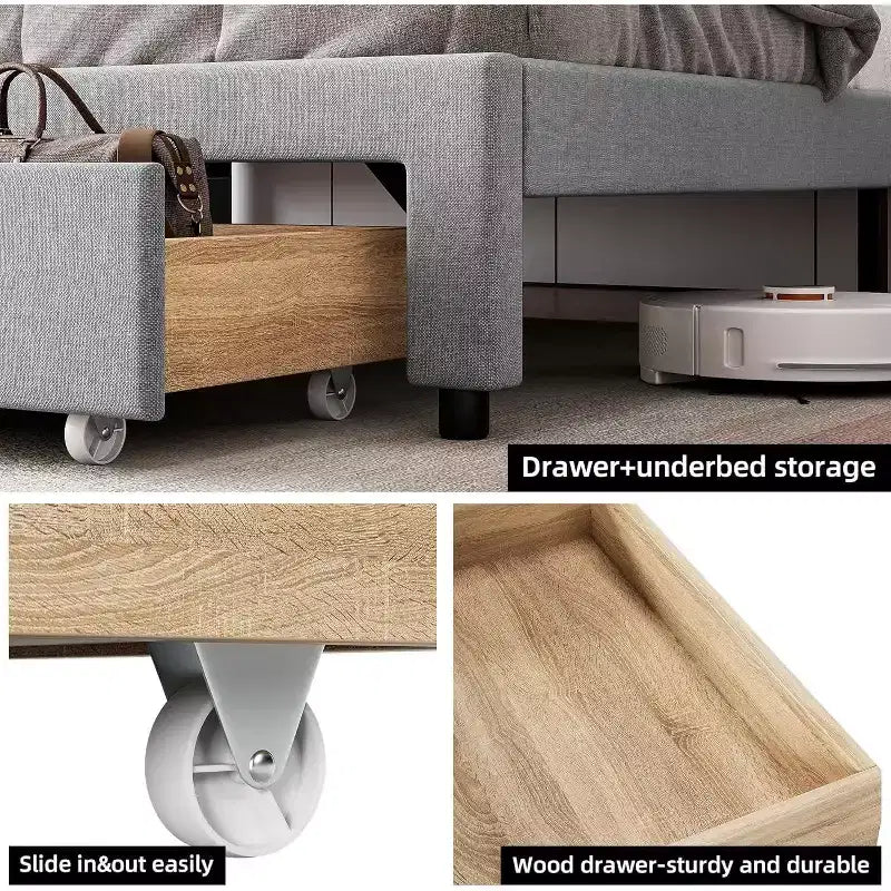 Base de cama tapizada tamaño King, cama tipo plataforma con cabecero con almacenamiento, cajones de almacenamiento, resistente, no requiere somier, fácil de montar, gris