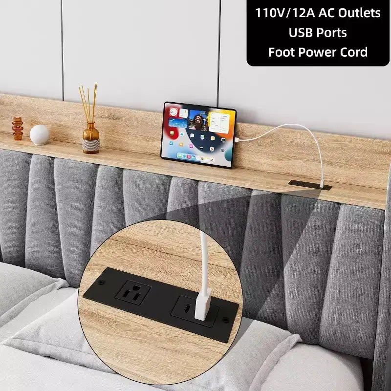 Base de cama tapizada tamaño King, cama tipo plataforma con cabecero con almacenamiento, cajones de almacenamiento, resistente, no requiere somier, fácil de montar, gris