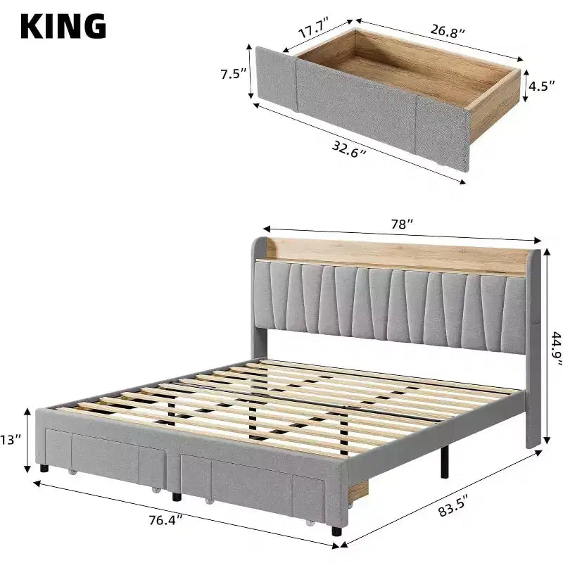 Base de cama tapizada tamaño King, cama tipo plataforma con cabecero con almacenamiento, cajones de almacenamiento, resistente, no requiere somier, fácil de montar, gris