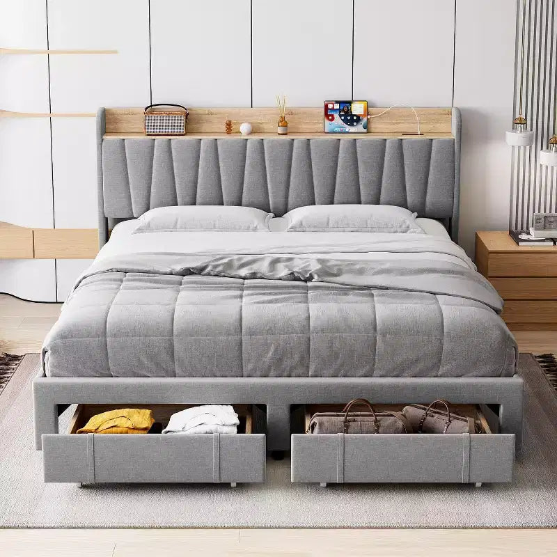 Base de cama tapizada tamaño King, cama tipo plataforma con cabecero con almacenamiento, cajones de almacenamiento, resistente, no requiere somier, fácil de montar, gris